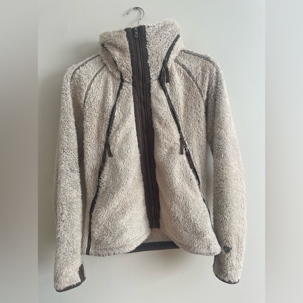Kuhl Women’s Flight Jacket Italian Fleece Stowaway Hood Full Zip Beige Size M